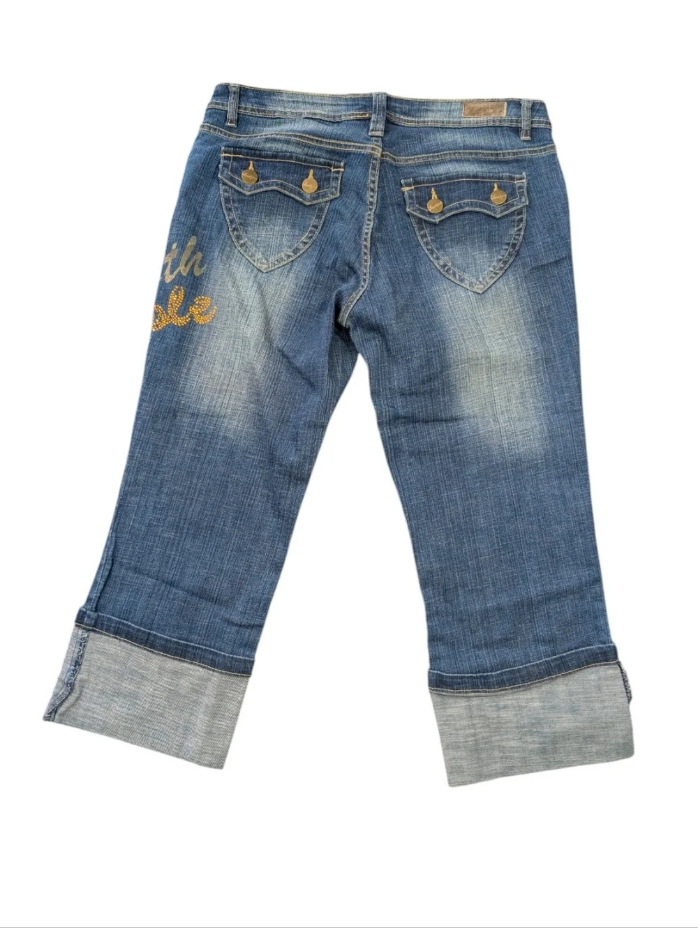 Y2K South Pole Rolled Cuff Denim Capri Jeans with Gold Stud Logo. Sz. 13. W: 36